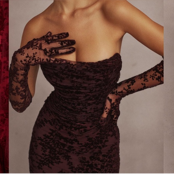 NWT House of CB ISADORA Black Cherry Devore Corset Dress & Gloves, Size Small - Picture 6 of 16